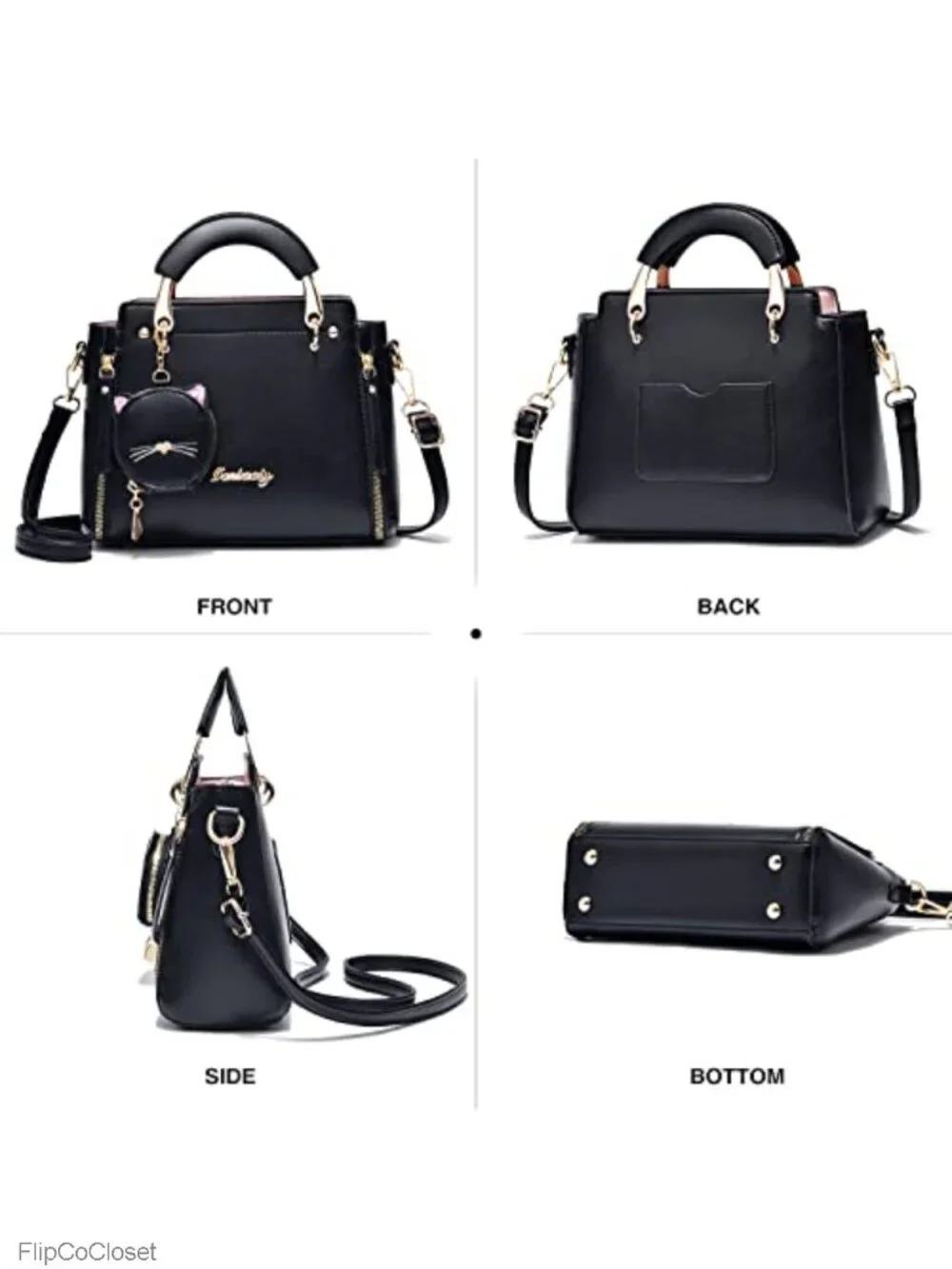 PU Leather Top Handle Satchel Crossbody Tote with Kitten Pendant